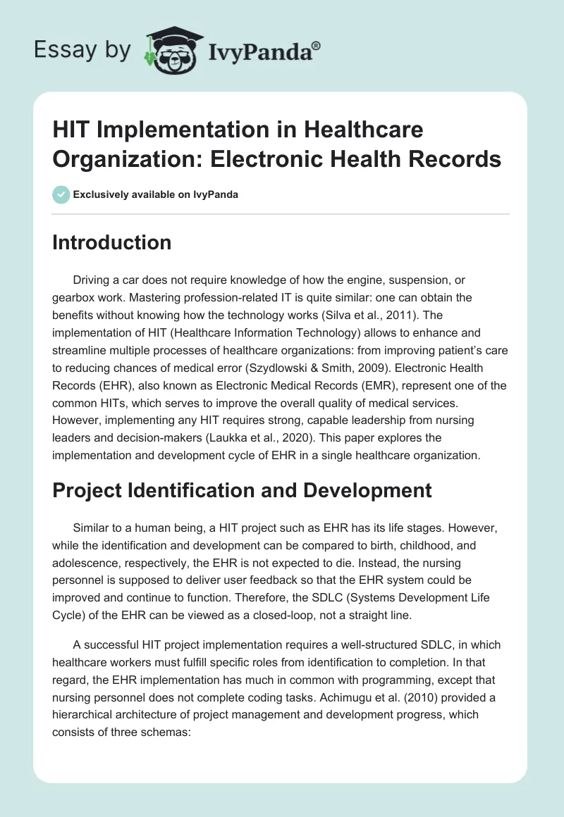 HIT Implementation in Healthcare Organization: Electronic Health Records. Page 1