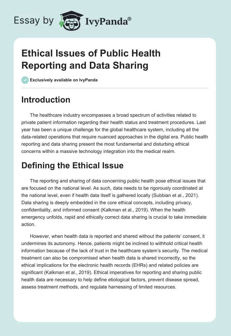 Ethical Issues of Public Health Reporting and Data Sharing. Page 1