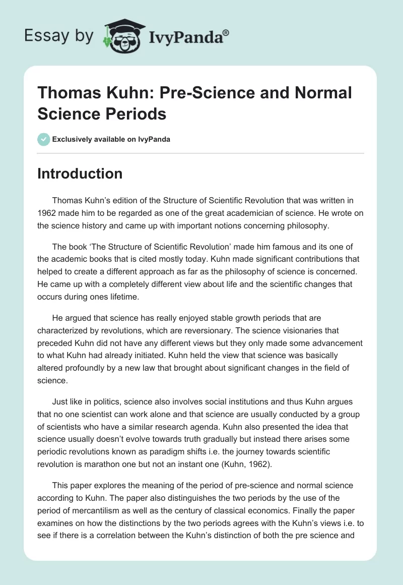 Thomas Kuhn: Pre-Science and Normal Science Periods. Page 1