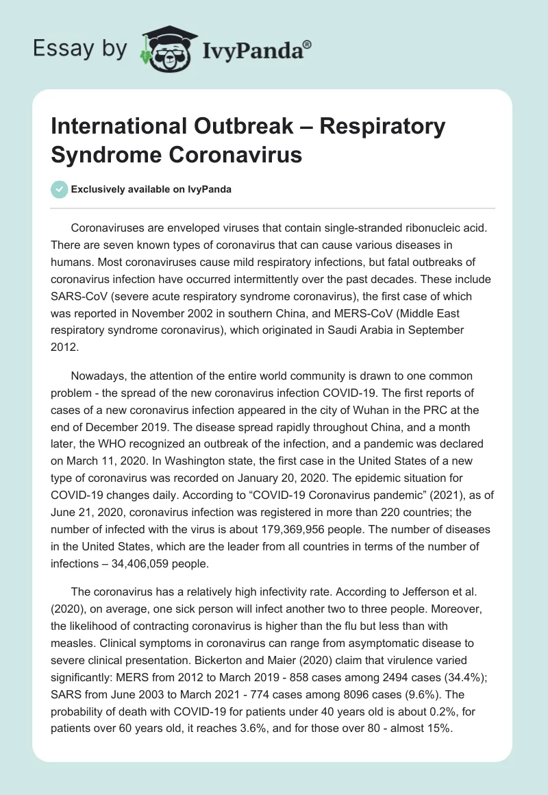 International Outbreak – Respiratory Syndrome Coronavirus. Page 1