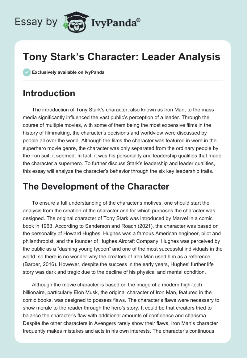 Tony Stark’s Character: Leader Analysis. Page 1