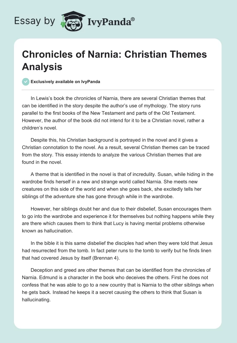 Chronicles of Narnia: Christian Themes Analysis. Page 1