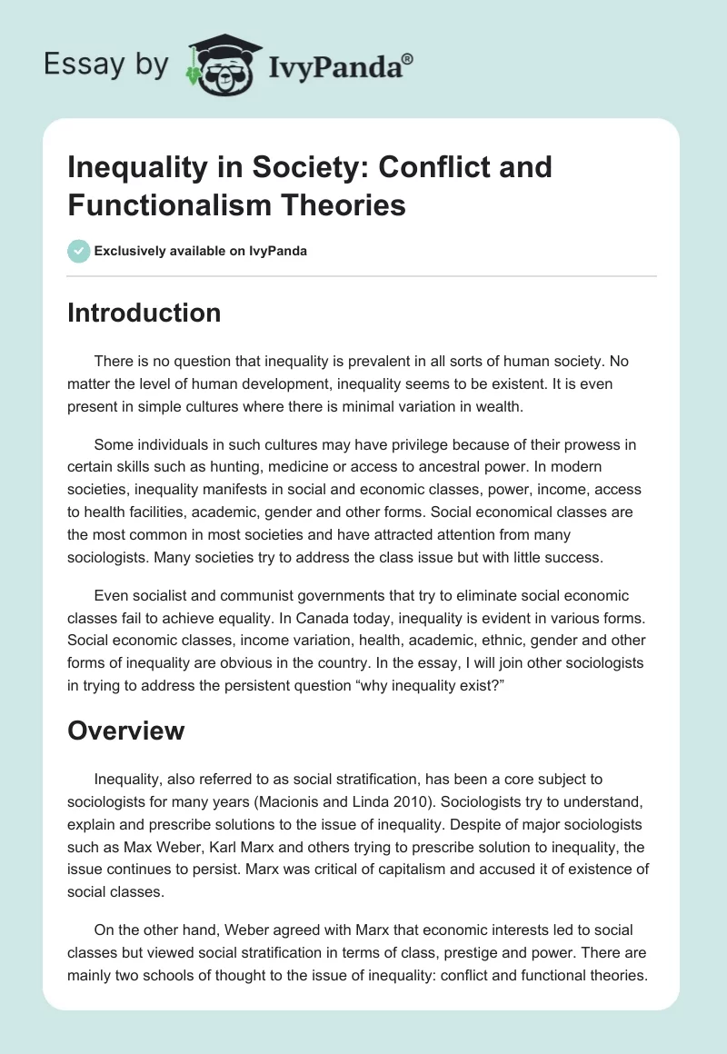 Inequality in Society: Conflict and Functionalism Theories. Page 1