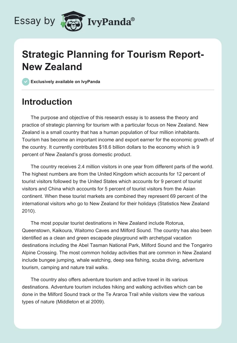 Strategic Planning for Tourism Report-New Zealand. Page 1