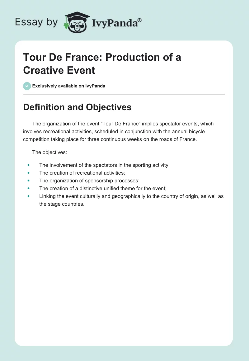 Tour De France: Production of a Creative Event. Page 1