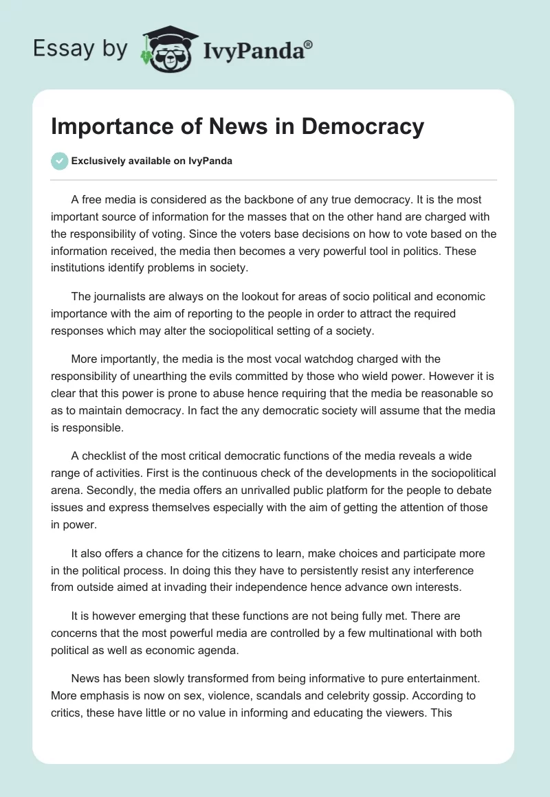 Importance of News in Democracy. Page 1