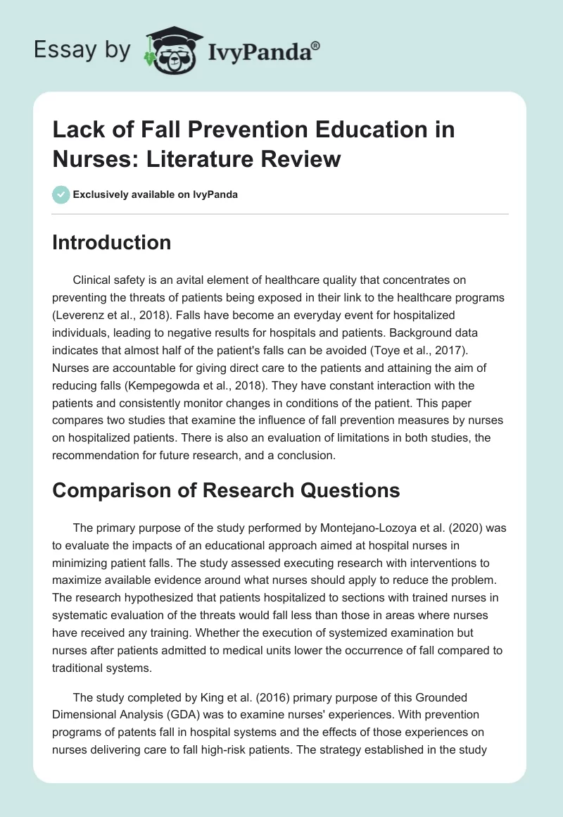 Lack of Fall Prevention Education in Nurses: Literature Review. Page 1