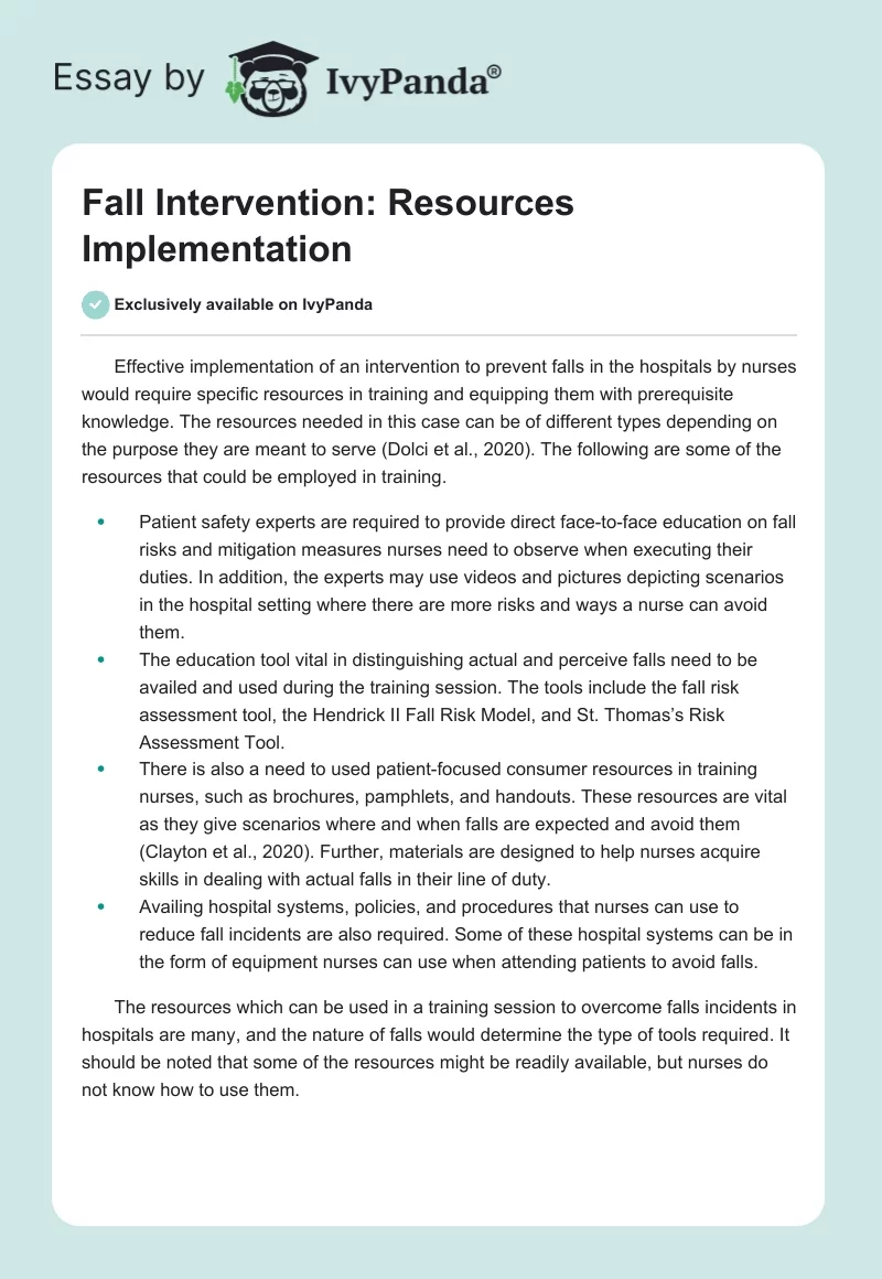 Fall Intervention: Resources Implementation. Page 1