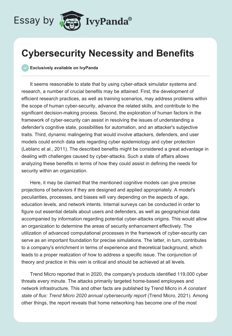Cybersecurity Necessity and Benefits. Page 1
