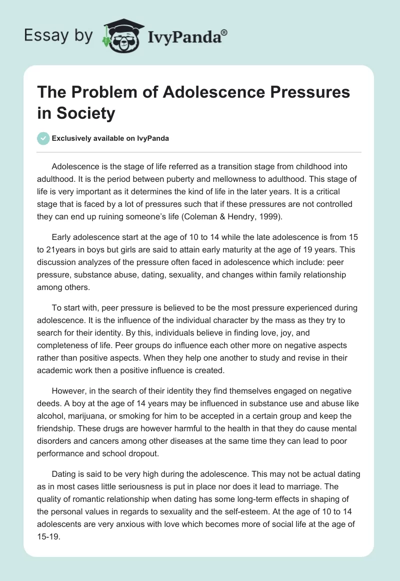 The Problem of Adolescence Pressures in Society. Page 1