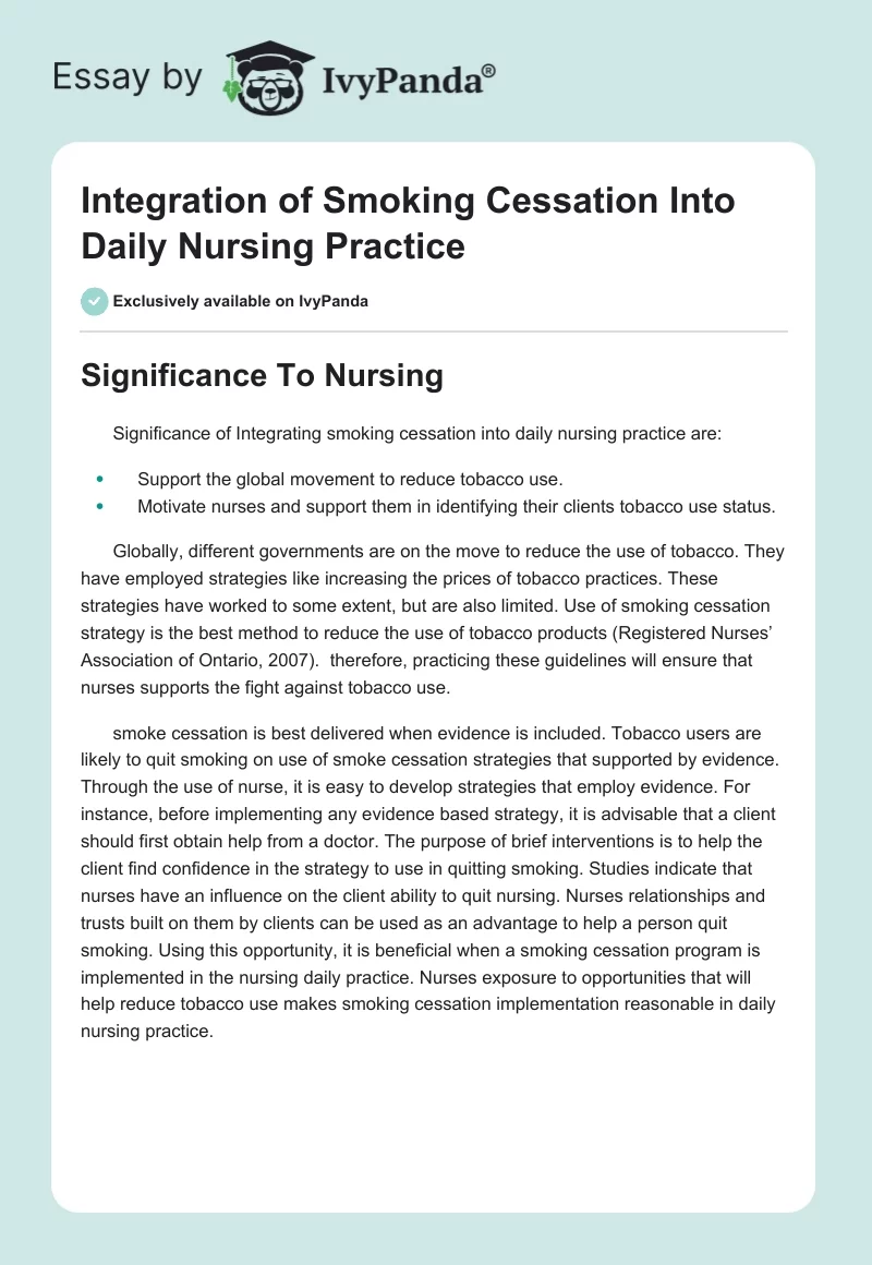 Integration of Smoking Cessation Into Daily Nursing Practice. Page 1