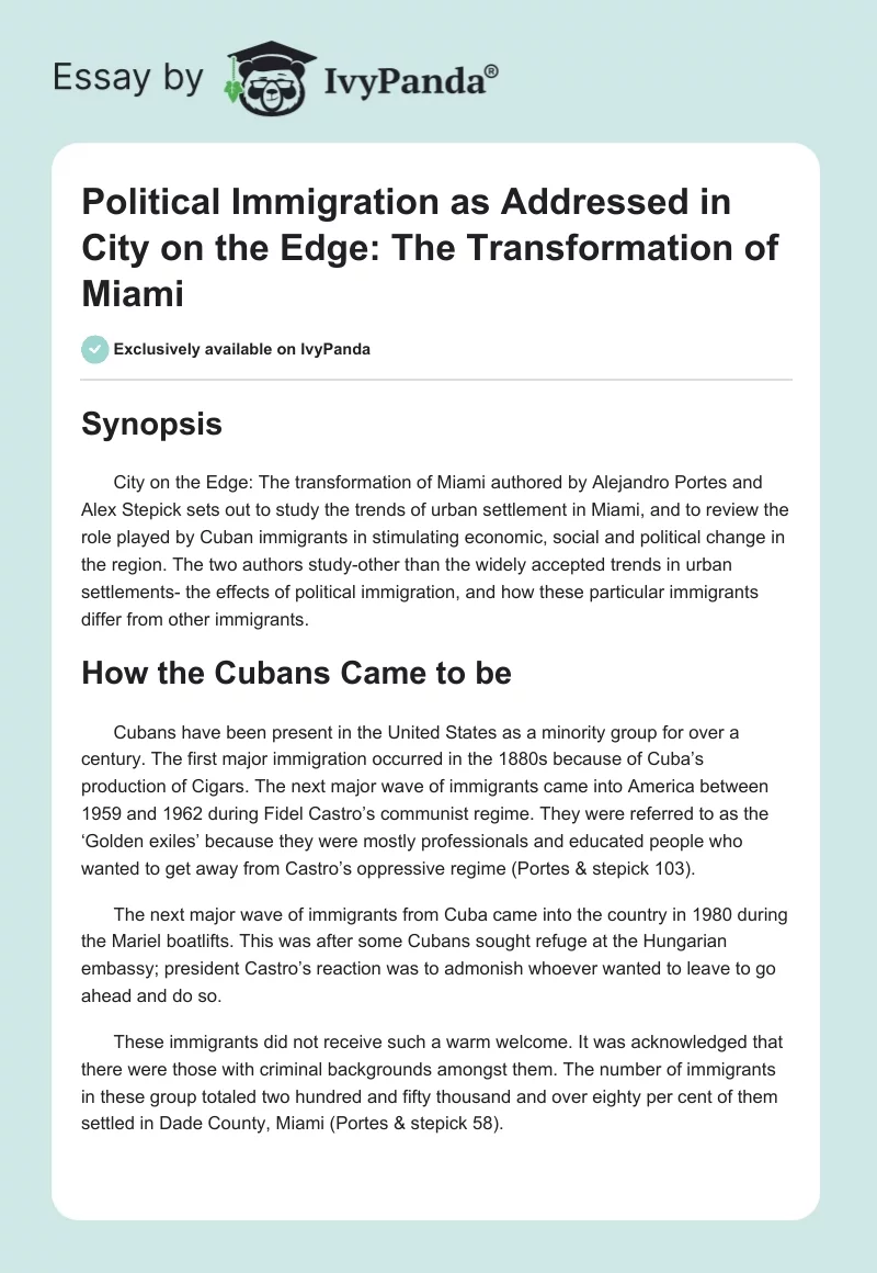 Political Immigration as Addressed in City on the Edge: The Transformation of Miami. Page 1