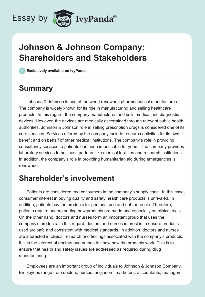 Johnson & Johnson Company: Shareholders and Stakeholders. Page 1