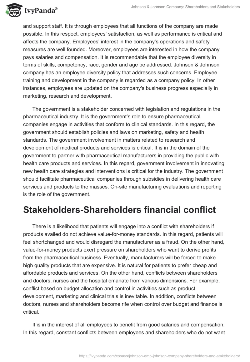 Johnson & Johnson Company: Shareholders and Stakeholders. Page 2