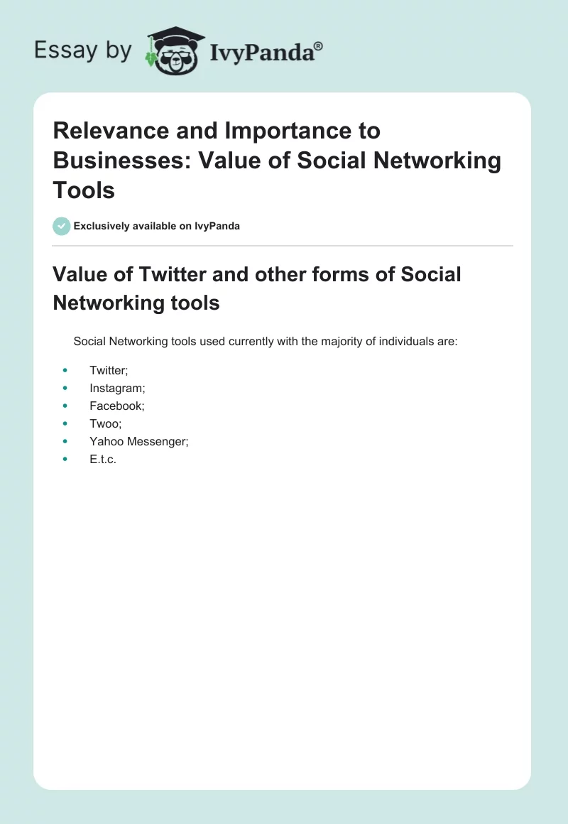 Relevance and Importance to Businesses: Value of Social Networking Tools. Page 1