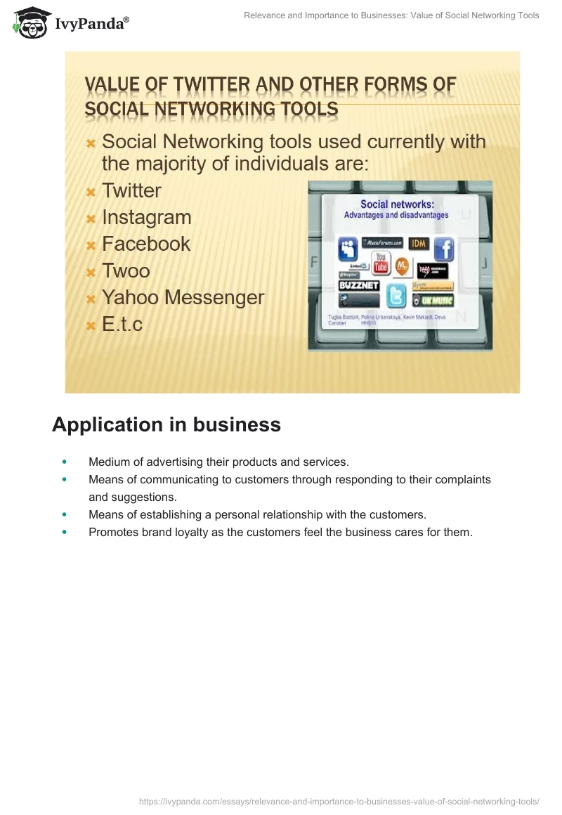Relevance and Importance to Businesses: Value of Social Networking Tools. Page 2