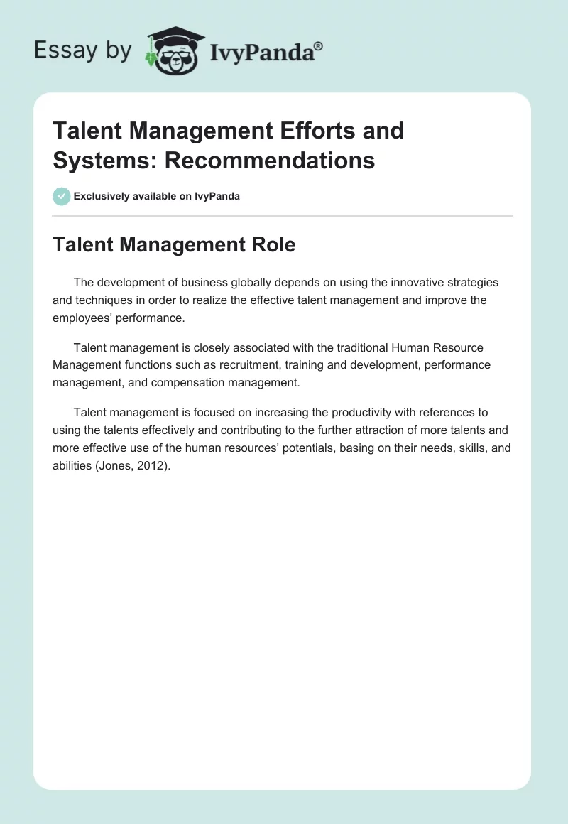 Talent Management Efforts and Systems: Recommendations. Page 1