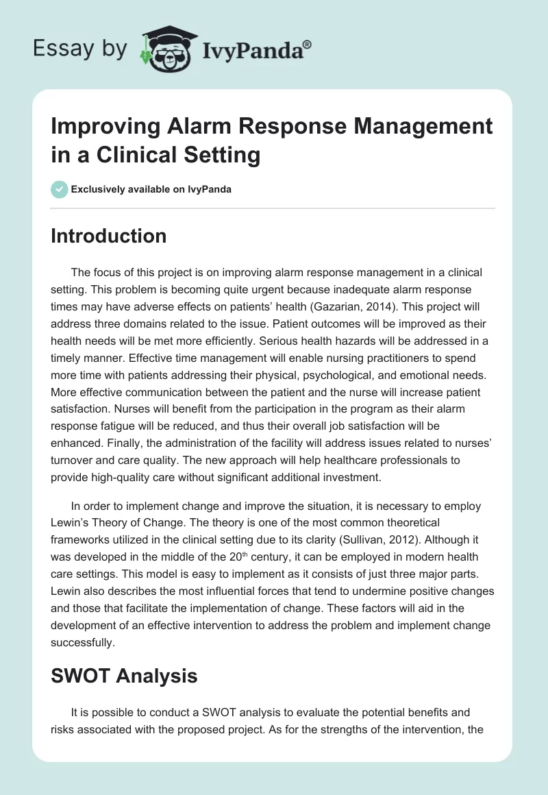 Improving Alarm Response Management in a Clinical Setting. Page 1