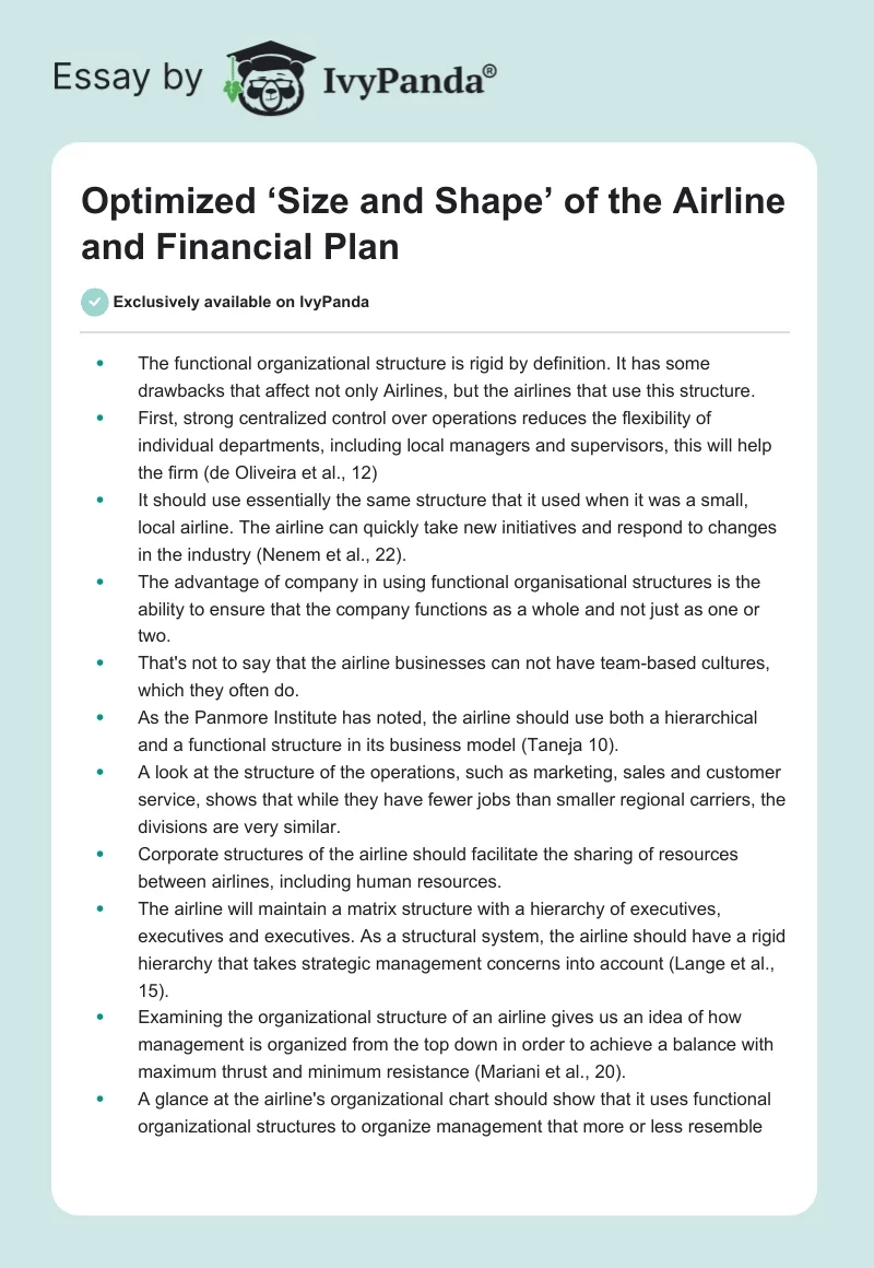 Optimized ‘Size and Shape’ of the Airline and Financial Plan. Page 1