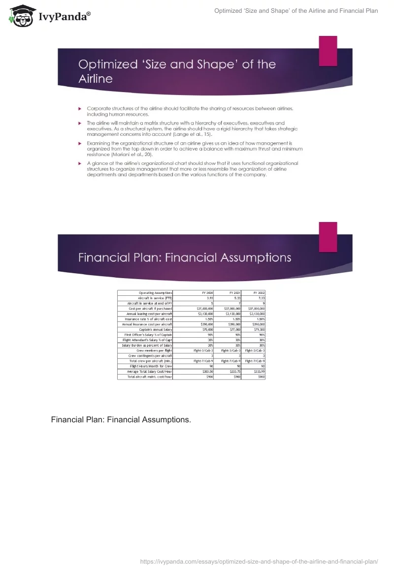 Optimized ‘Size and Shape’ of the Airline and Financial Plan. Page 4