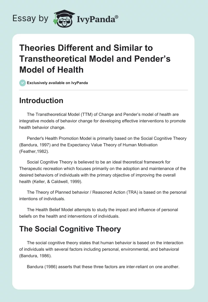Theories Different and Similar to Transtheoretical Model and Pender’s Model of Health. Page 1