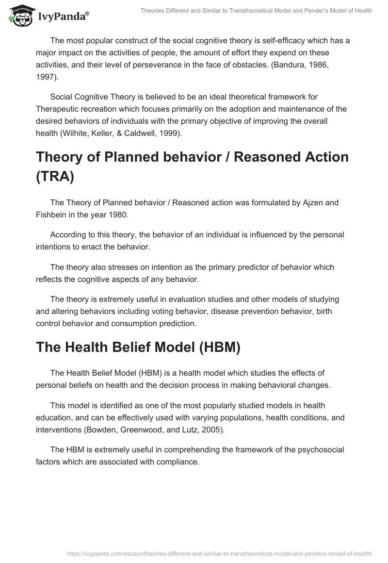 Theories Different and Similar to Transtheoretical Model and Pender’s Model of Health. Page 2