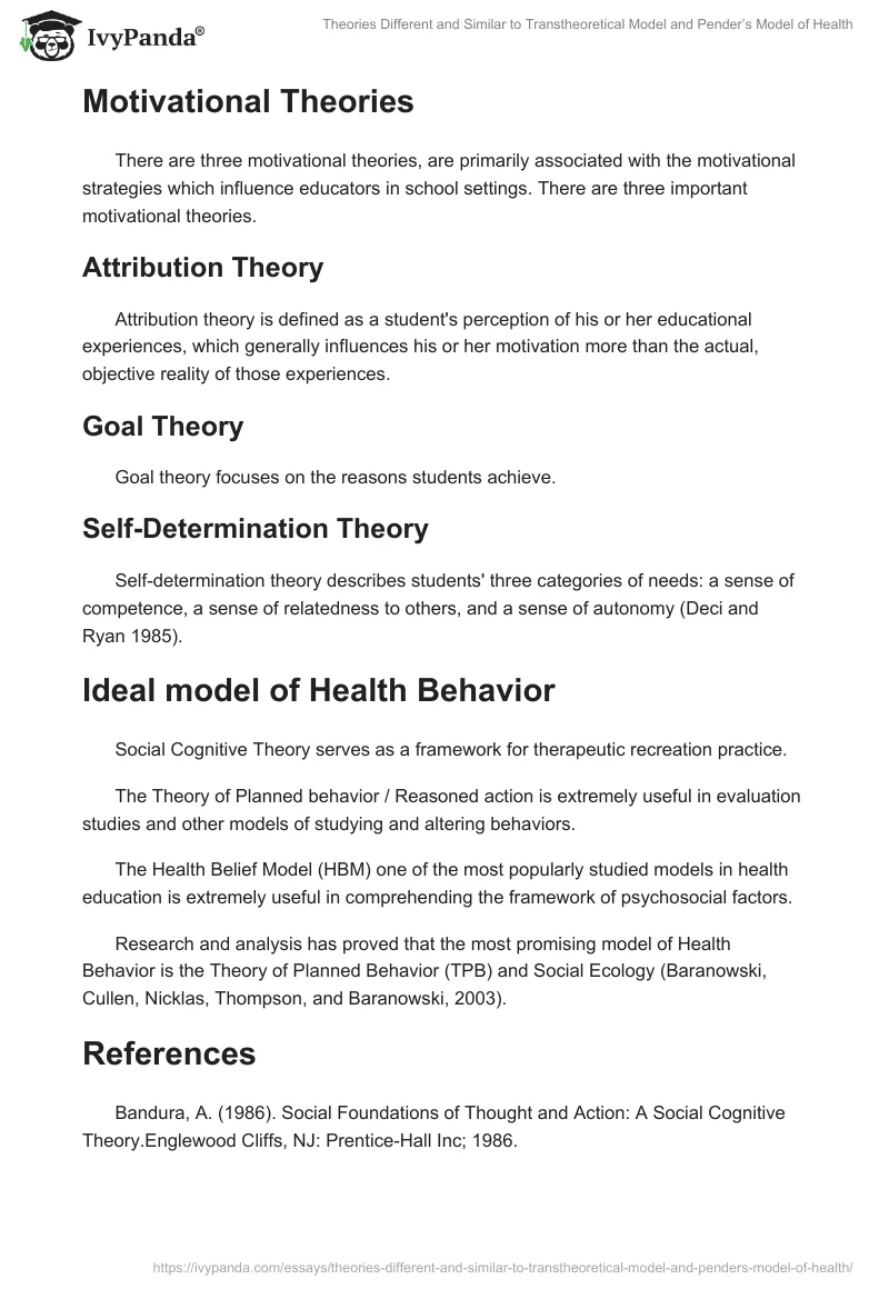 Theories Different and Similar to Transtheoretical Model and Pender’s Model of Health. Page 3