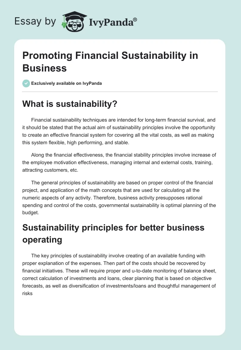Promoting Financial Sustainability in Business. Page 1