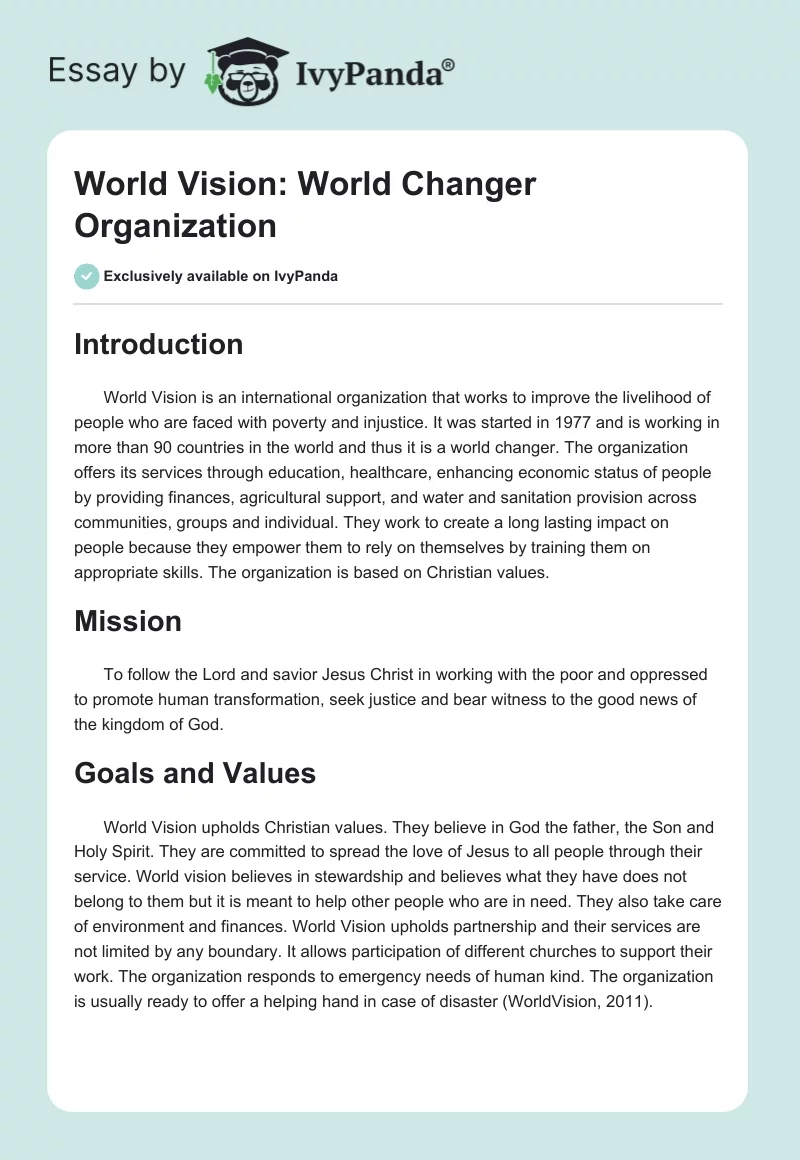 World Vision: World Changer Organization. Page 1
