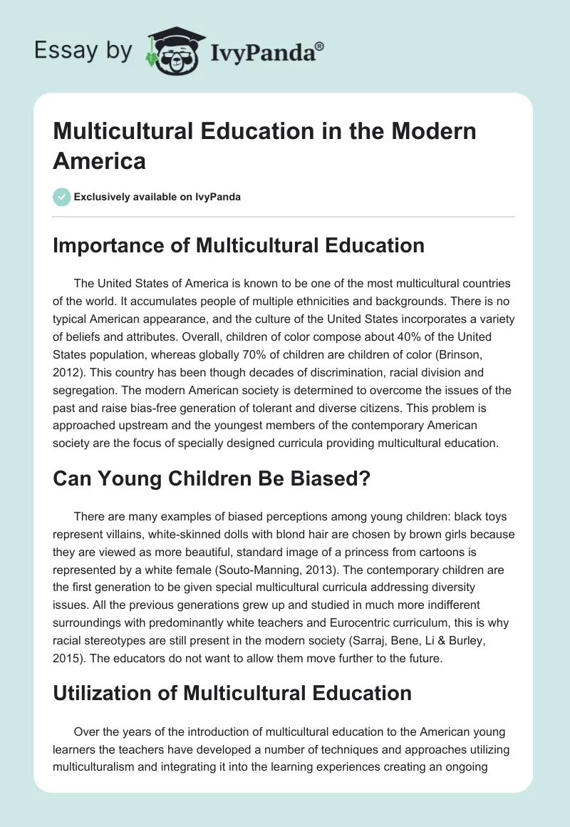 Multicultural Education in the Modern America. Page 1