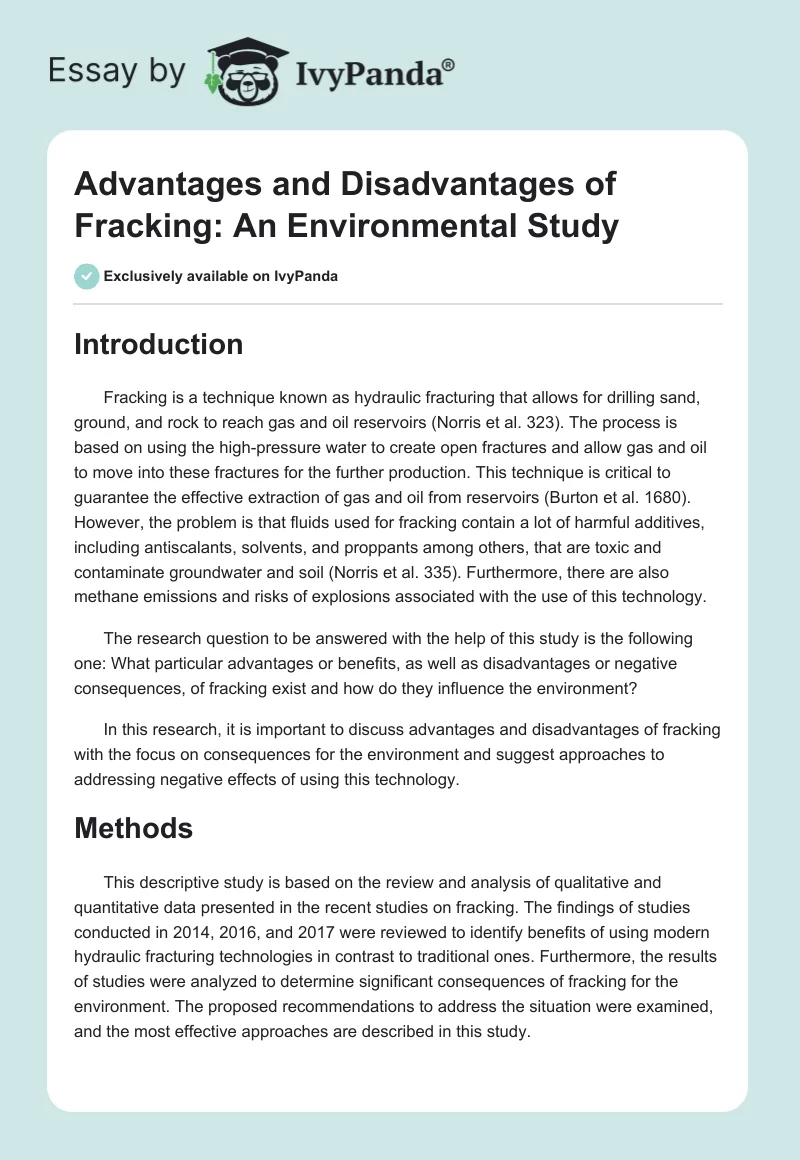 Advantages and Disadvantages of Fracking: An Environmental Study. Page 1