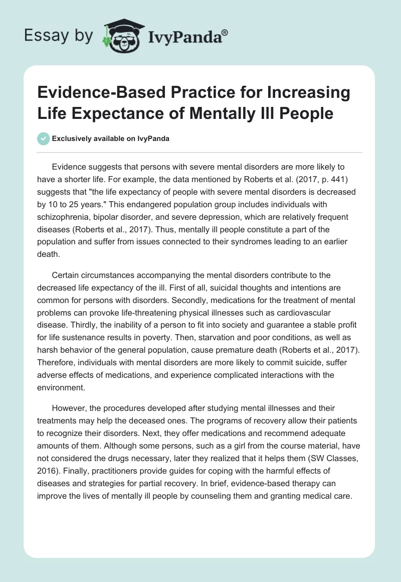 Evidence-Based Practice for Increasing Life Expectance of Mentally Ill People. Page 1