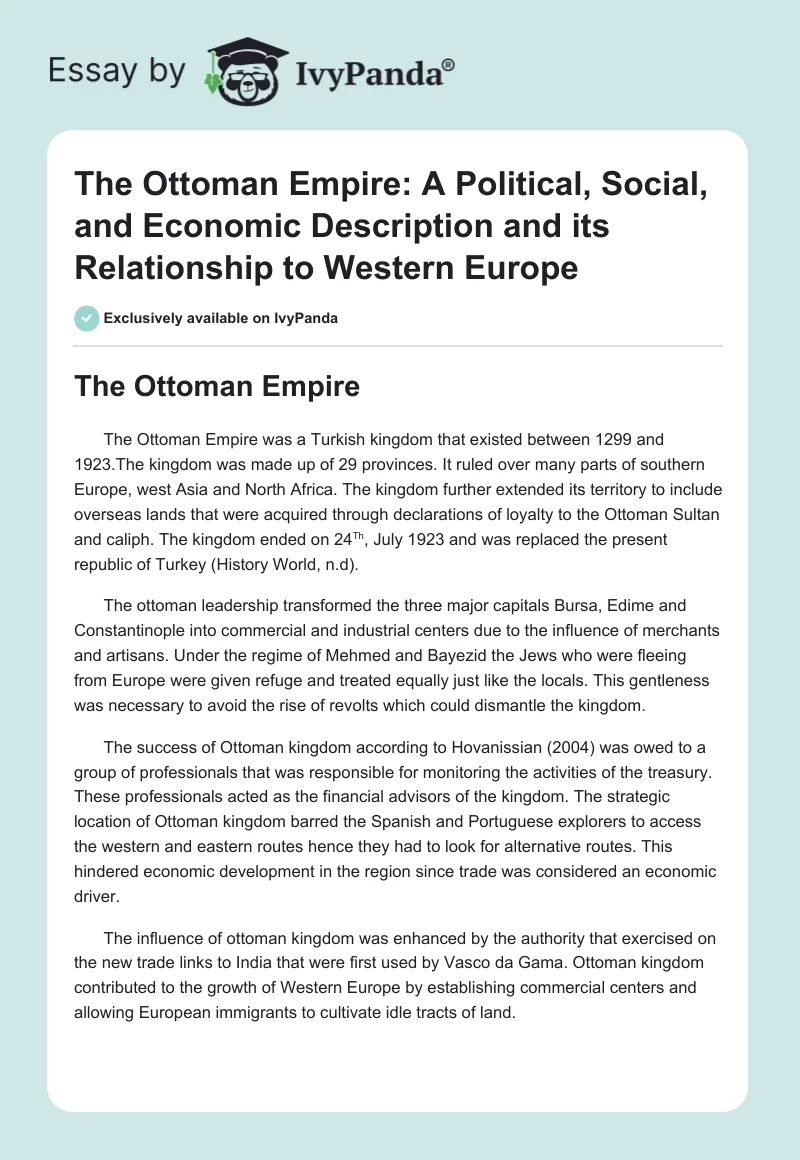 The Ottoman Empire: A Political, Social, and Economic Description and Its Relationship to Western Europe. Page 1