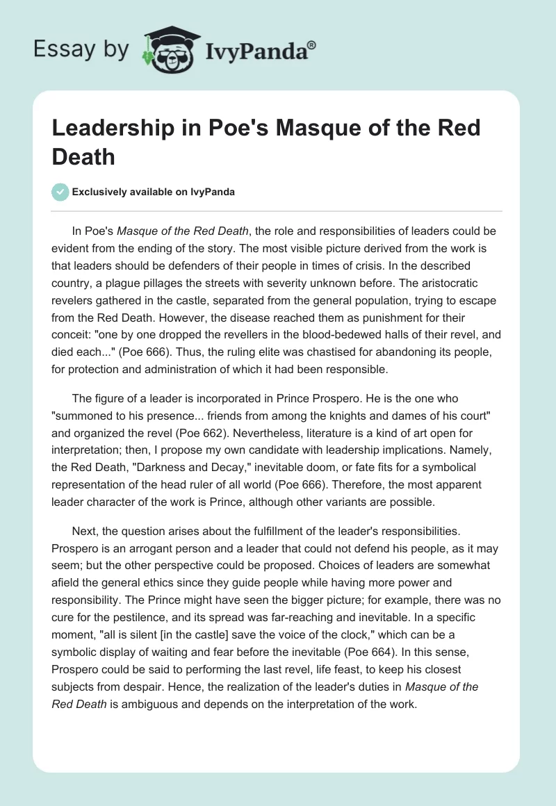 Leadership in Poe's Masque of the Red Death. Page 1
