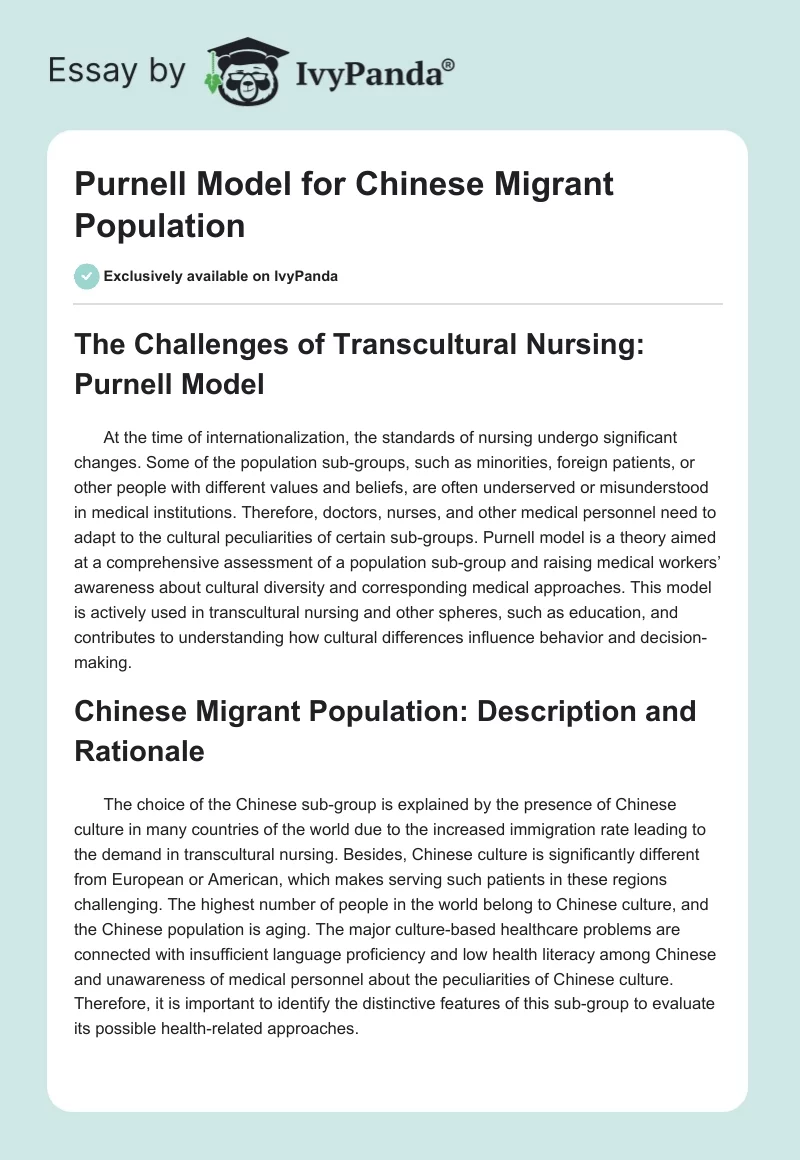 Purnell Model for Chinese Migrant Population. Page 1