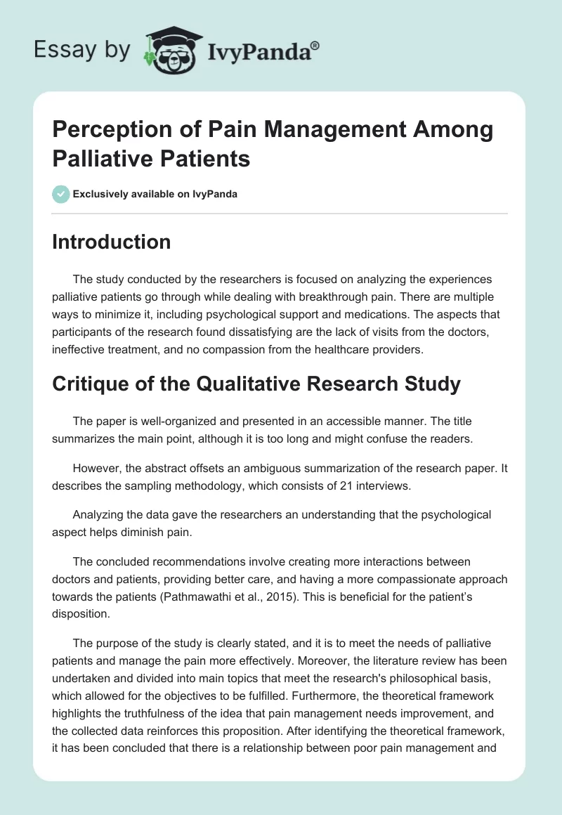 Perception of Pain Management Among Palliative Patients. Page 1