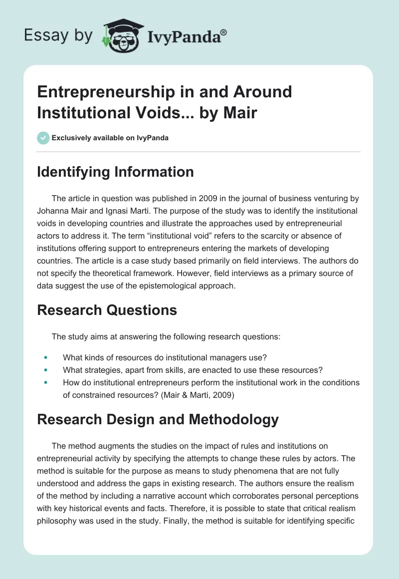 "Entrepreneurship in and Around Institutional Voids..." by Mair. Page 1