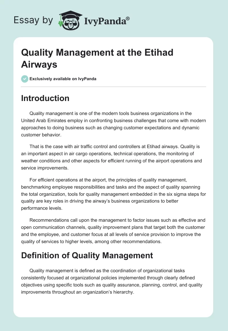 Quality Management at the Etihad Airways. Page 1