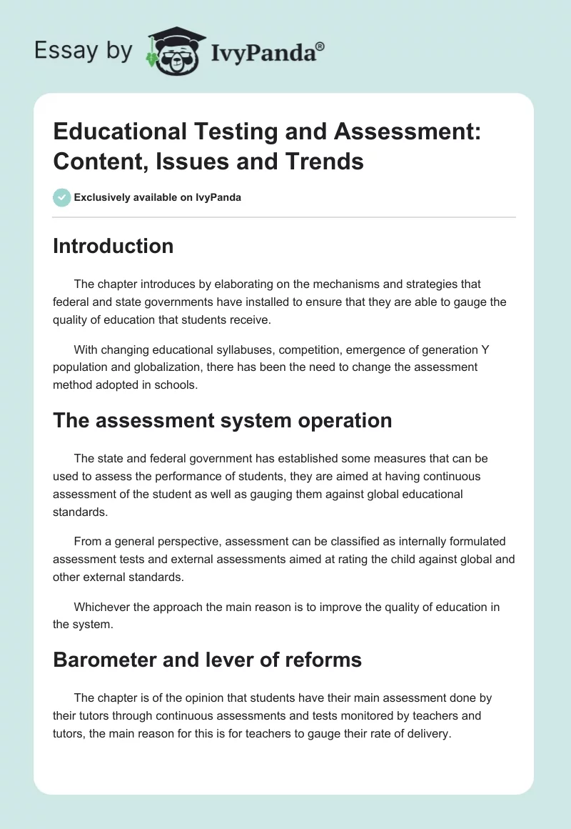 Educational Testing and Assessment: Content, Issues and Trends. Page 1