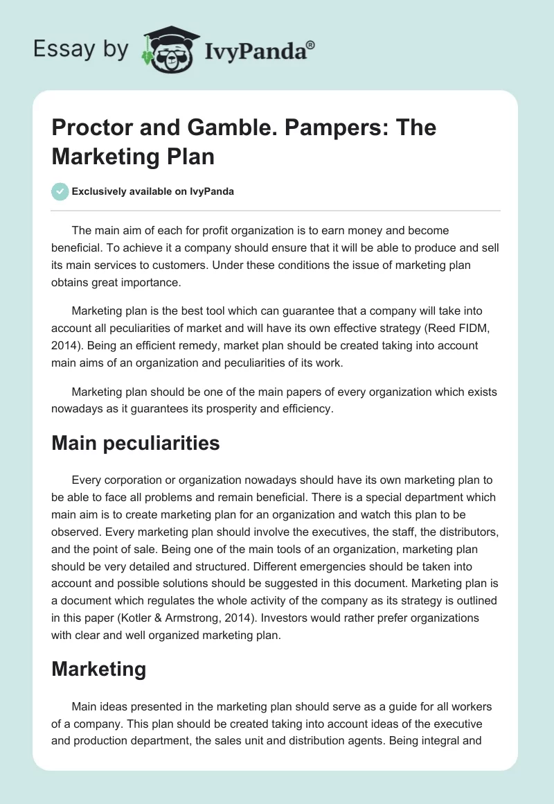 Proctor and Gamble. Pampers: The Marketing Plan. Page 1