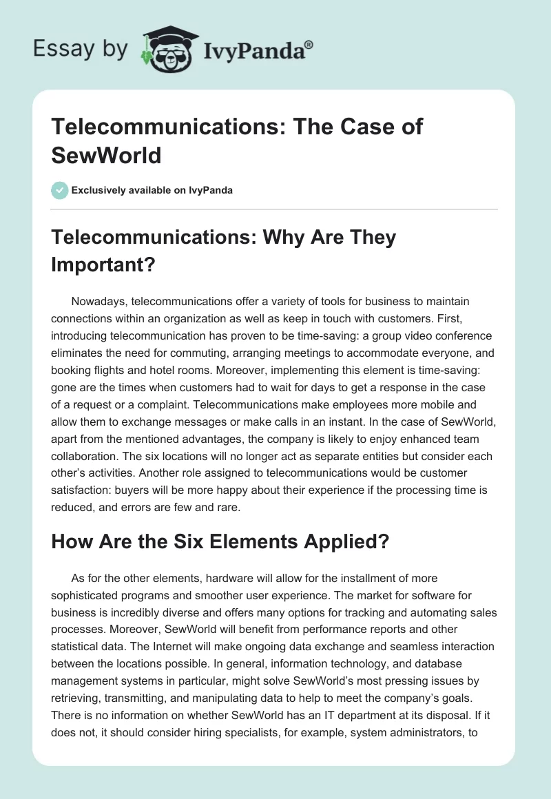 Telecommunications: The Case of SewWorld. Page 1