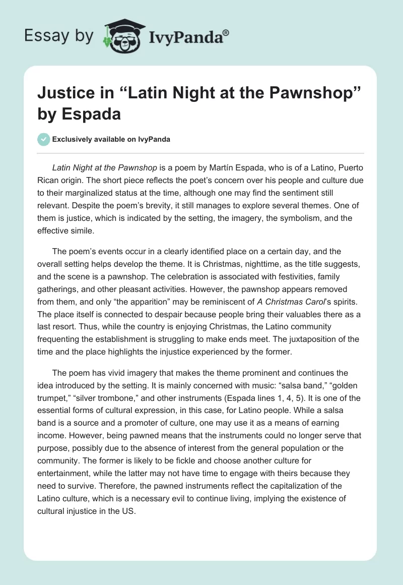 Justice in “Latin Night at the Pawnshop” by Espada. Page 1