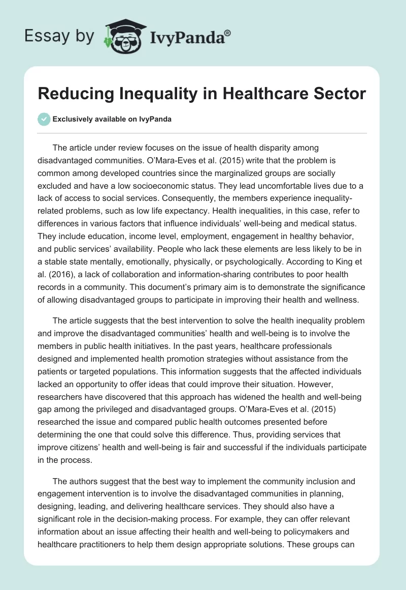 Reducing Inequality in Healthcare Sector. Page 1