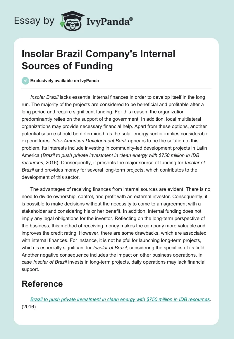 Insolar Brazil Company's Internal Sources of Funding. Page 1