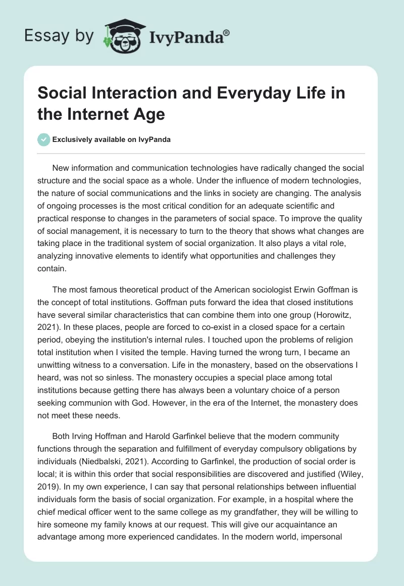 Social Interaction and Everyday Life in the Internet Age. Page 1