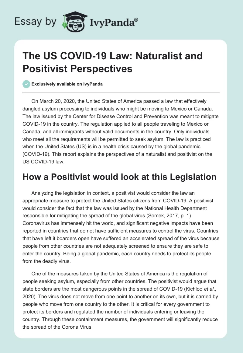 The US COVID-19 Law: Naturalist and Positivist Perspectives. Page 1