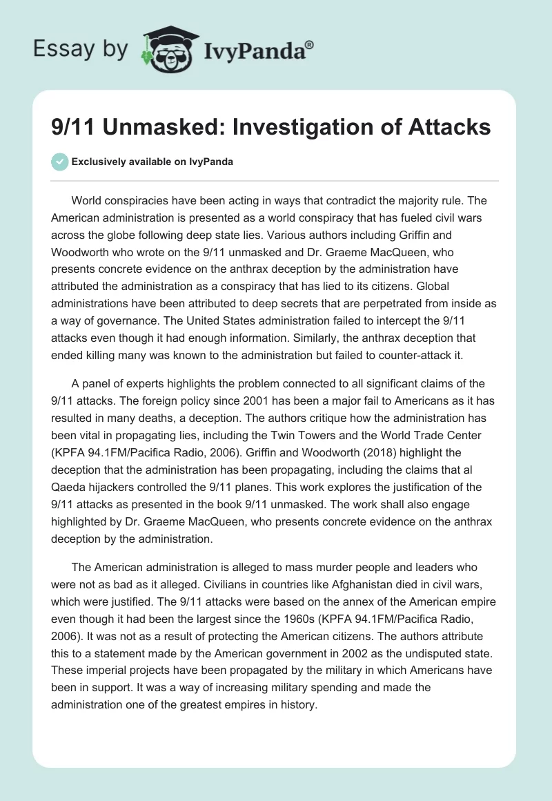 9/11 Unmasked: Investigation of Attacks. Page 1