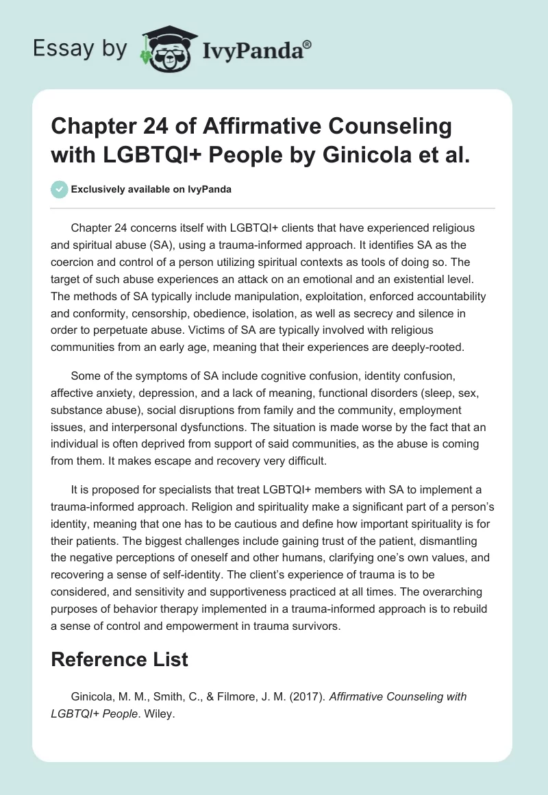 Chapter 24 of "Affirmative Counseling With LGBTQI+ People" by Ginicola et al.. Page 1