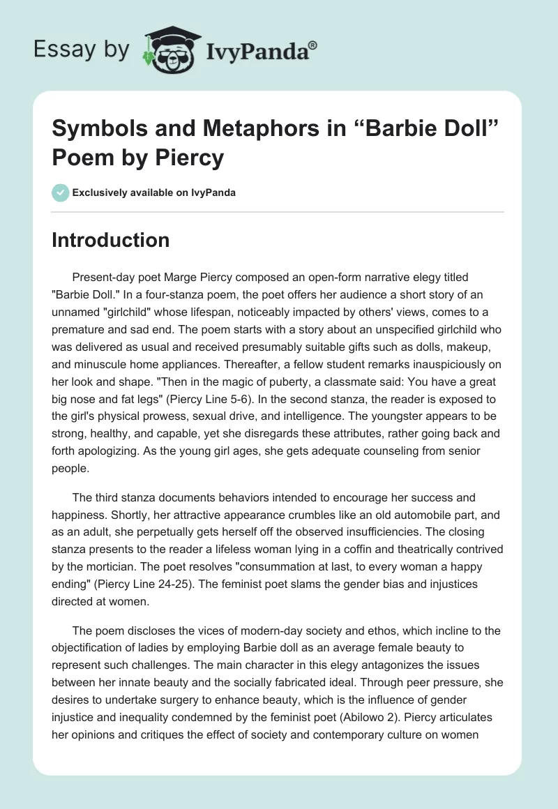 Symbols and Metaphors in “Barbie Doll” Poem by Piercy. Page 1