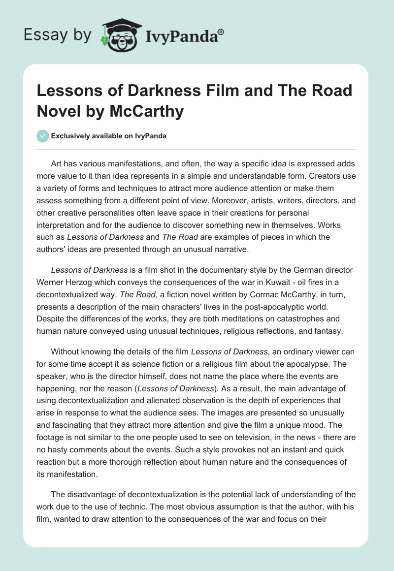 "Lessons of Darkness" Film and "The Road" Novel by McCarthy. Page 1